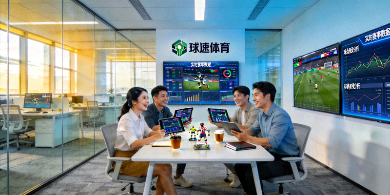 球速体育现代化办公室内部 - 充满活力的团队在讨论体育数据